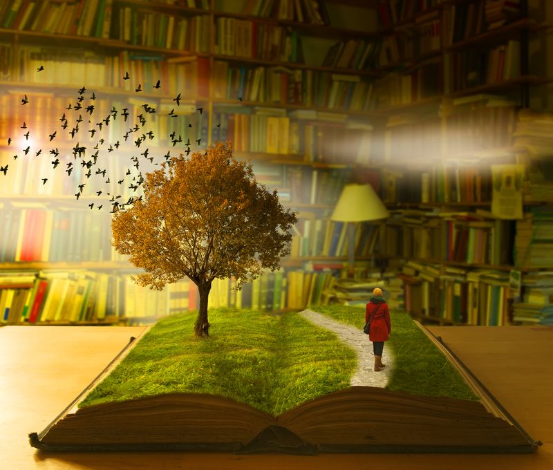 A person in a red coat standing in the middle of a road that runs through a 3-D storybook. The page in the storybook contains green grass, a big brown tree with orange leaves, and dozens of black birds flying by the tree. The storybook sits on top of a desk which sits in front of hundreds of books on bookshelves.