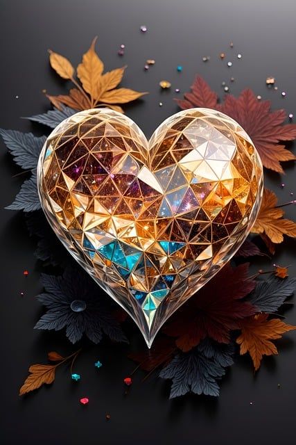 A sparkly, gold heart that is made of pieces of glass triangles fitted together. It sits on top of black and orange leaves with scattered colorful glass gems. 